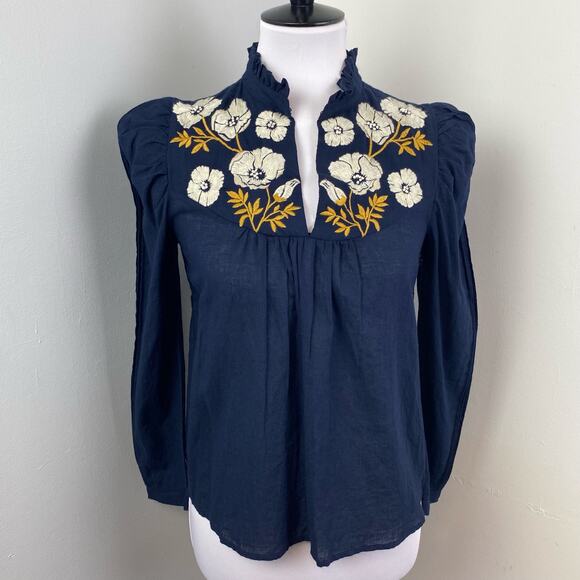 St. Roche Navy Embroidered Poppy Top Small - Picture 2 of 8